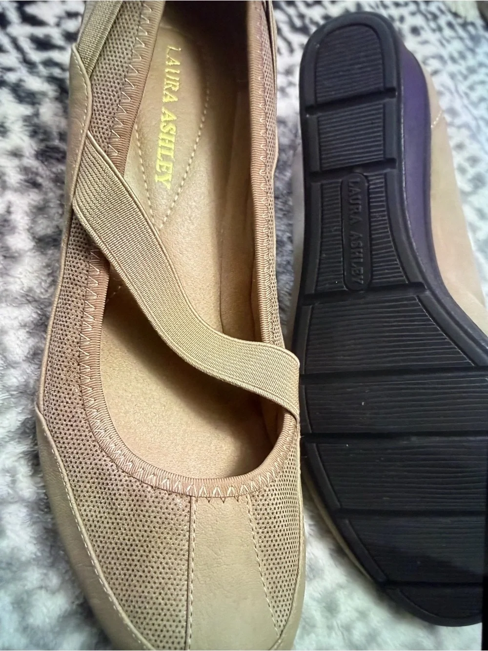 Laura Ashley Taupe Mary Jane Wedges with Elastic Cross Strap